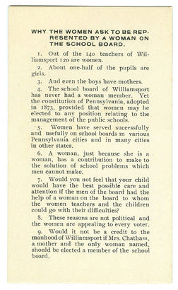 Shown in this photo from the Lycoming County Women’s History Collection, is a campaign brochure for Louise Chatham’s bid for a seat on the Williamsport School Board in 1911.